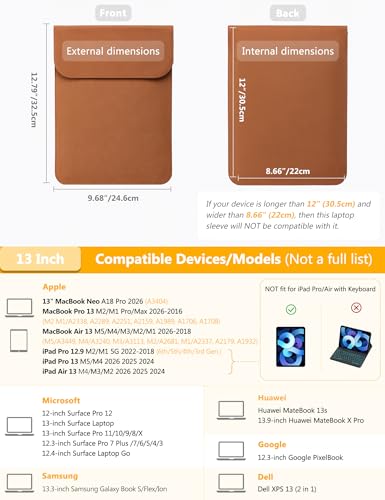 HYZUO 13 Inch Laptop Sleeve PC Case for MacBook Pro 13 M2 M1 2026-2016, 13" MacBook Neo 2026 A3404, MacBook Air 13 M5 A3449 M4 M3 M2 M1 2026-2018, 13" iPad Pro/Air, Surface Pro, XPS 13, Brown - color: Brown, size: 13 Inch