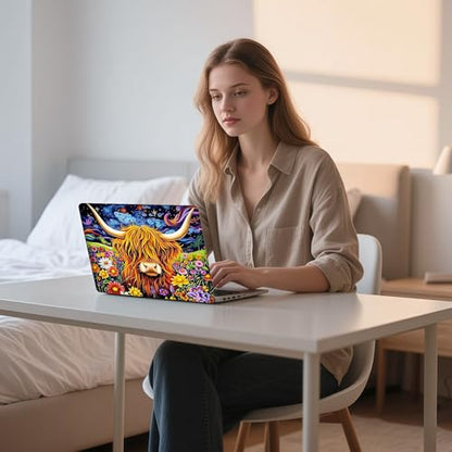 Aesthetic Laptop Skin Sticker, Highland Cow in Blooms Waterproof Vinyl Laptop Decal, Removable Bubble Free, Reusable Protective Cover for 13 14 15 15.6 Inch - color: Highland Cow in Blooms