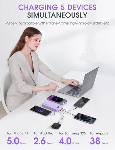 citicr Portable Charger 20000mAh PD20W w/Built-in Cables & Wall Plug Purple | High capacity, Fast charging, Built-in wall plug, LED display, Charge 5 devices at once, Pass through charging, TSA approved - color: Purple-20000mah
