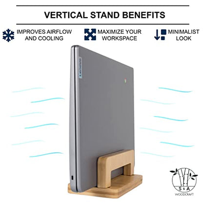 S&A WOODCRAFT Bamboo Wood Vertical Laptop Stand, Adjustable Wooden Laptop Holder, Non-Slip Laptop Dock Compatible with Apple MacBook, Microsoft Surface, Gaming Laptops, IPad, Tablets - color: Natural Bamboo, size: 1 Slot