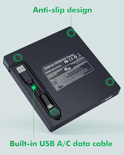PeroBuno External CD DVD Drive, USB 3.0 Optical Disc Drive, 4 USB Ports and 2 TF/SD Card Slots, CD DVD Burner Writer Reader Player for Laptop MacBook iMac Desktop PC Windows 11/10/8/7/XP Linux Mac OS - color: Grid Black