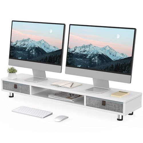 Fenge Dual Monitor Stand, 2-Tier Desk Organizer with Drawers, 42.5in, White | Monitor Riser with Storage, Ergonomic Height Adjustable Computer Stand, Desk Shelf for Top of Desk, Laptop, PC, TV - color: White