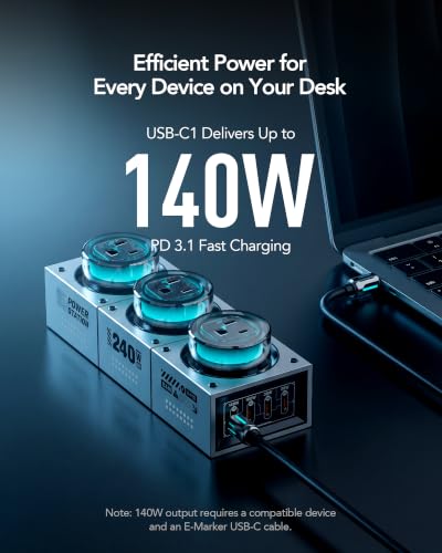 MFish E-Tank 240W GaN Desktop Charging Station, 7-in-1 Desktop Power Hub | 3 AC outlets, 4 USB-C ports, 140W PD 3.1, smart power sharing, RGB lighting - color: 240W Power Strip - Gray
