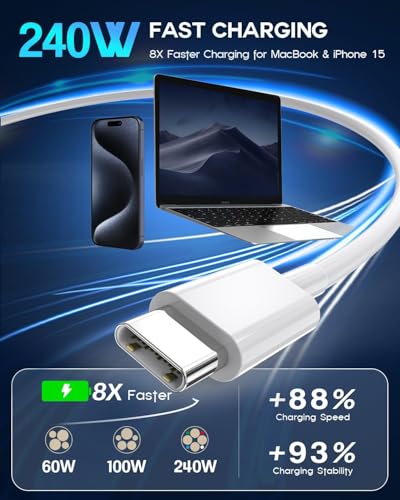 USB C to USB C, 240W USB C Cable, 6.6ft C to C Cable Fast Charging for Macbook Pro/Macbook Air, iPad Pro 12.9-inch, iPhone 15/Pro Max/Pro/Plus, Samsung Galaxy S23,Compatible 140W/100W /65W/45W/35W/20W - color: White, size: 6.6FT