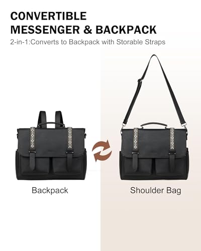 Messenger Bag for Women, 17L Leather Satchel Backpack Purse | Large Laptop Briefcase Multi Pocket Shoulder Bags, Spacious Compartments for Office, Travel, Work, Business, Daily Gift - color: Black Retro Style