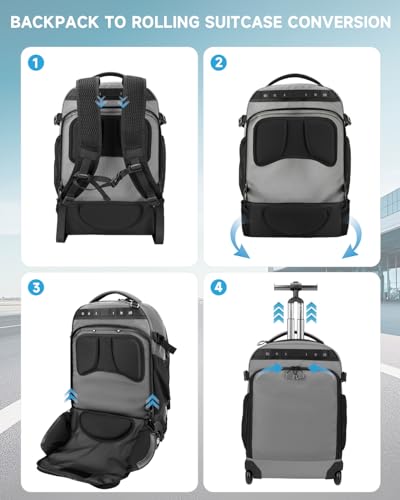 2-in-1 Detachable Rolling Backpack & Daypack, 56L Large Backpacks with Wheels Fits 17 Inch Laptop, Water Resistant, Carry On Luggage for College, Travel, Camping, Hiking Grey - color: Grey, style: Rolling Backpack