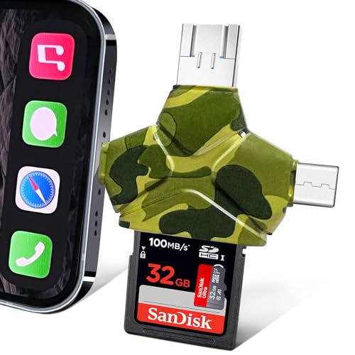 SD/Micro SD Card Reader for iPhone/iPad/Android/Mac/Computer/Camera, 4 in 1 Triangle Portable Memory Card Reader, Compatible with TF Cards&Trail Camera Viewer, Plug and Play, No App Required - color: Camo