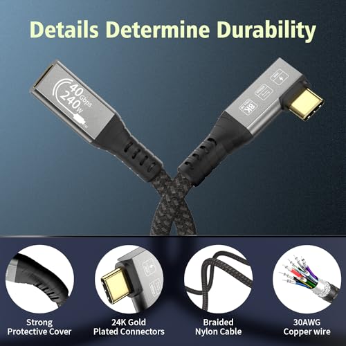 USB C 4 Extension Cable, with Thunderbolt 4 Cable, 240 W Charging, 40 Gbps Data, 8K @ 60Hz 4K, PD3.1, USB C Female, for Hub, Dock MacBook, SSD - size: Extension 40G 240W 0.5M
