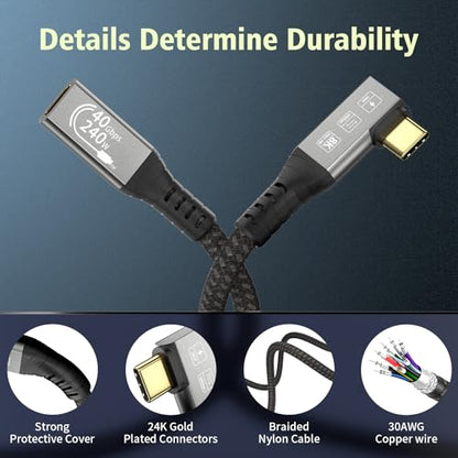 USB C 4 Extension Cable, with Thunderbolt 4 Cable, 240 W Charging, 40 Gbps Data, 8K @ 60Hz 4K, PD3.1, USB C Female, for Hub, Dock MacBook, SSD - size: Extension 40G 240W 0.5M