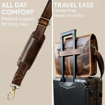 Leather Messenger Bag for Men - 16 Inch Laptop Briefcase, Office Satchel | Fits 16" Laptop & Documents, Top-handle, Removable Shoulder Strap, Brass Fittings, Luggage Sleeve, Organized Pockets - color: Brown