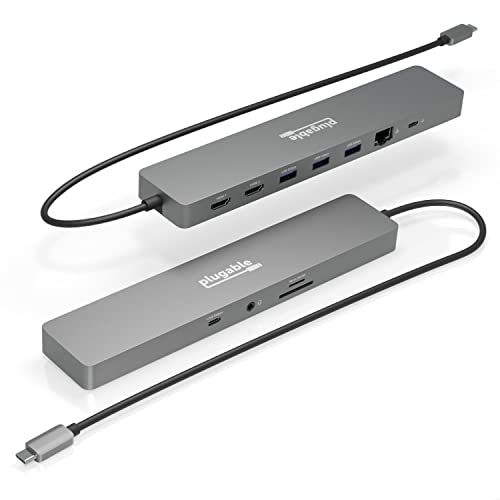 Plugable 11-in-1 USB-C Hub, 100W USB-C Pass-Through, Laptop Docking Station Dual Monitor, 4K 60Hz HDMI, Driverless, Compatible with Thunderbolt, Windows, Chromebooks, Not Recommended for Mac