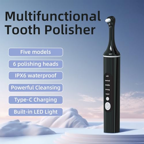 [Type-C Fast Charging] LED Teeth Whitening Polisher,Home Dental Care Kit with 6 Brush Heads & 5 Adjustable Speeds, Portable Electric Tooth Cleaner (Black)
