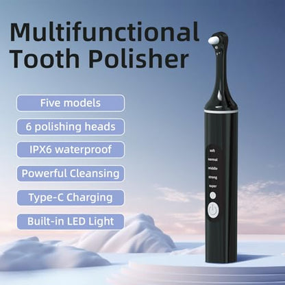 [Type-C Fast Charging] LED Teeth Whitening Polisher,Home Dental Care Kit with 6 Brush Heads & 5 Adjustable Speeds, Portable Electric Tooth Cleaner (Black)