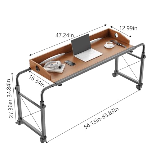 Overbed Table with Wheels, Adjustable Queen Size Bed Desk, Oaken | Fits Twin To King Beds, Adjustable Height & Length Rolling Over Bed Table For Hospital and Home, with 4 Locking Casters - color: Oaken
