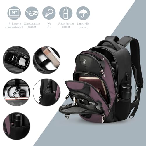Swissdigital Design Laptop Backpack with USB Charging Port, Travel Backpack Fits 15.6 inches Computer, 31L College School Backpack for Women, Light Purple/Black | SD803-85 - color: Light Purple/Black