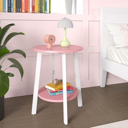 sthmec Side Table Set of 2, Small Round End Table with Storage Shelf for Small Space, 2-Tier Bedside Table Sofa Couch Table, Nighstands Set of 2 Accent Table for Living Room, Bedroom, Pink - color: Pink