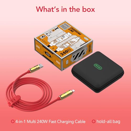 MFish 240W 4-in-1 Charging Cable with Carrying Case, 6.6FT Fast Charger USB-A & USB-C to USB-C/Lightning, for iPhone 17/16/15/14, MacBook, iPad, Samsung S25/S24 (Red, 6.6Ft) - color: Red, size: 6.6Ft