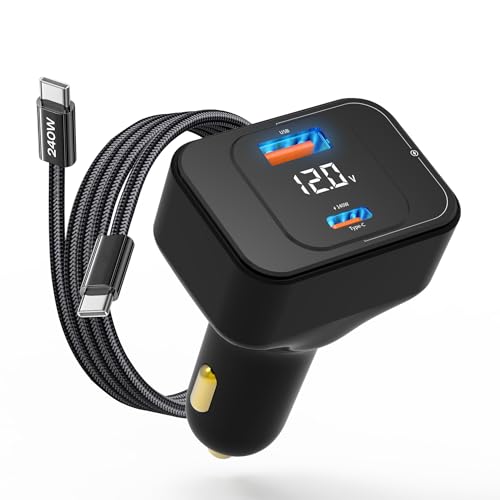 170W USB C Car Charger, Dual Port PD3.1 Adapter with LED Display & Cable | Dual Port Rapid Charging Hub (USB-C 140W, USB-A 30W), Cycling Data Monitor, Multi-Protection Chip, 3.3Ft 240W C to C Lead