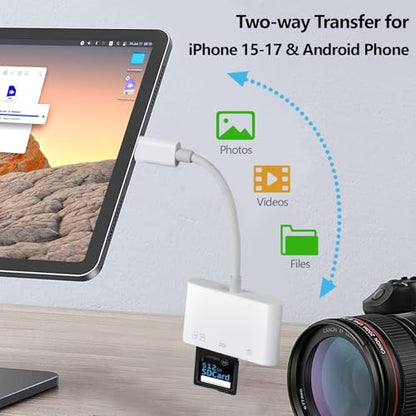 SD Card Reader for iPhone 15-17, 4-in-1 USB C SD Card Reader iPhone with SD/TF/USB-A 3 Slots & Charging Port, Digital Trail Camera Card Viewer for MacBook Laptop Android Phone, Plug and Play - size: 4-IN-1 SD Card Reader
