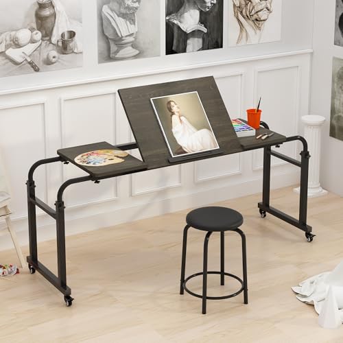 TigerDad Tilt Overbed Table with Wheels, Height Adjustable Rolling Desk for King Queen Bed, Tilting Laptop Cart Mobile Computer Workstation, Dekuwood - color: Tilt Overbed Table- Dekuwood