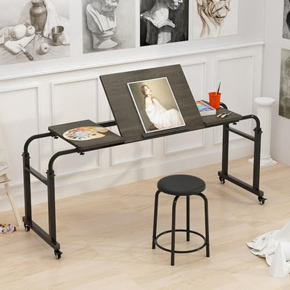 TigerDad Tilt Overbed Table with Wheels, Height Adjustable Rolling Desk for King Queen Bed, Tilting Laptop Cart Mobile Computer Workstation, Dekuwood - color: Tilt Overbed Table- Dekuwood