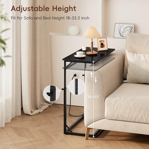 C Shaped End Table with Charging Station, C-Table End Table Adjustable Height Side Table for Couch, Large Couch Tables,Slide Under Sofa Tables TV Tray Arm Tables for Living Room,Bedroom,Black - color: Black, style: With Plug