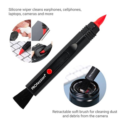 PROfezzion Double-Ended Lens Cleaning Pen for Electronics, Black | Soft Brush & Silicone Wiper Included, for Electronics, Earbuds, Laptop, Cell Phone, Keyboard, Camera Lens, Easy to Carry