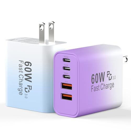 USB C Fast Charger Block, 60W Phone USB C Wall Charging Blocks, Type C Charger Fast Charging Brick, 5Port Multiport Charger Plug Power Adapter for Phone 17/16/15/14/13 Pro Max, Pad, Galaxy S25-2Pack - color: Purple Gradient+Blue Gradient