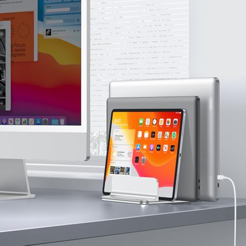 OMOTON 3-Slot Multiple Vertical Laptop Stand, Fits MacBook, Bright Silver | Adjustable Width 0-1.38", Aluminum Office Space-Saving for Desk, Fits MacBook/Book/iPad Up to 17.3in - color: Three Slots-Bright Silver