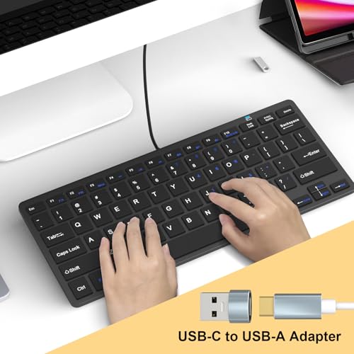 Ultra-Slim 78keys USB-C Mini Wired Keyboard with Media Hotkeys for Apple Mac Pro, MacBook 56Pro/ iMac, Air, Mac Mini, Laptop Computers, Windows Desktop PC 11/10/8/7, With USB-C to A OTG Adapter, Black - color: Black, size: USB-C & Adapter