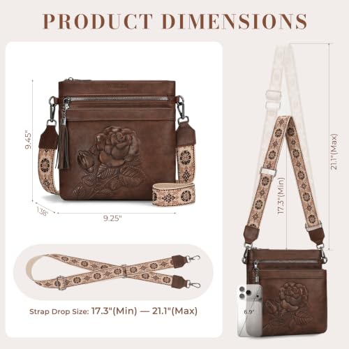 Vegan Leather Purses for Women, Daily Travel Crossbody Bags | Small Multi-Pocket Shoulder Bag with Adjustable Boho Wide Strap - color: Coffee