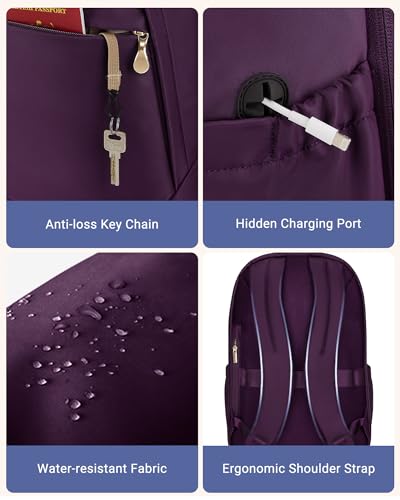 Travel Backpack for Women, 15.6 Inch, Purple | Laptop Backpack, USB Charging Hole, Water Resistant, Large Capacity, College Bookbag - color: Purple, size: 15.6 Inch without Wheels