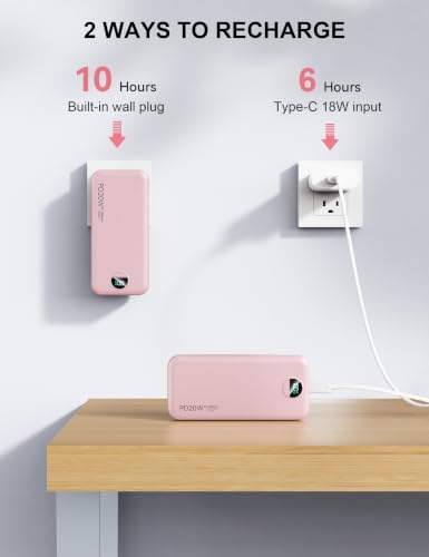 Nusyddy Portable Charger 20000mAh Fast Charging w/Built-in Wall Plug Pink | PD20W Fast Charging, High Capacity, LED Display, Charge 5 Devices at once, TSA Approved, Compatible with iPhone/Samsung - color: Magenta