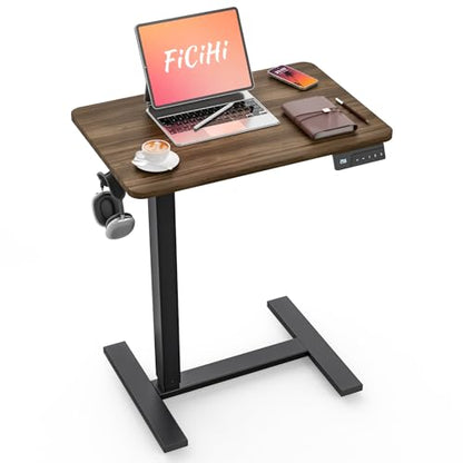 FiCiHi Electric Overbed Table, Adjustable Height Bedside Desk with Hidden Wheels, Rolling Sit-Stand Laptop Table for Bed, Couch, Sofa, Home Office & Hospital Use, (24" x 16", Walnut) - color: Walnut, size: 24 x 16"