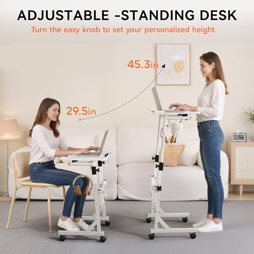 Oransail Small Standing Desk with Wheels, 29.5-45.3 Inch Adjustable Height, Portable Treadmill Desk, Rolling Computer Table for Walking Pad with a Cup Holder and a Hook - color: White