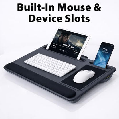Cyberguys Comfort Lap Desk for Laptop up to 15.6 in – Black Carbon Fiber Overlay Surface with Mouse Pad, Phone & Tablet Slot, Dual Cushion Base, Wrist Rest & Carry Handle for Bed Desk Couch Sofa - color: Black With Carbon Fiber Overlay