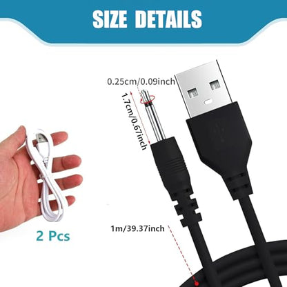 2 Pack DC 2.5mm Charger, USB A to DC 17mm x 2.5mm Charging Cable 3.28ft, Original Replacement Charging Lead Universal Charger Cord for Toys, Massagers, Beauty Equipment (Black+White)