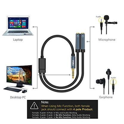 Headset Splitter for 2 TRRS Headphone or Mic 3 FT 3.5mm Jack Adapter | Sapphire Blue, Metal Shell, 3.5mm Jack Adapter TRRS 4-Pole Headphone Splitter Male to 2 Female Adapter for Smartphone, Laptop - size: 3 Feet - Standard