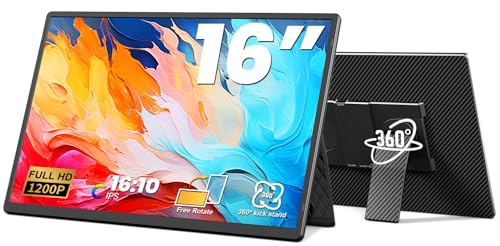 16.1" Portable Monitor, 1200P IPS Laptop Screen Extender | 360° Rotating Detachable Stand, Plug & Play Dual Monitor, Ultra-Thin Zero Frame, Portable Screen for Laptop/PC/Mac/Wins/PS5 - color: Gloss Black