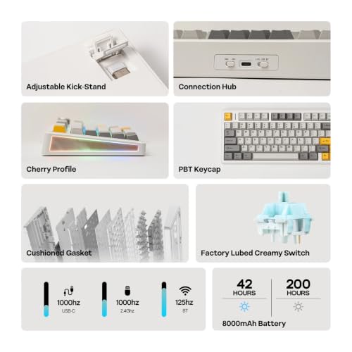 TH80 V2 75% ANSI US Layout Gasket Tri-Mode Wireless Mechanical Gaming Keyboard with 8000mAh Battey & RGB Backlight(Sea Salt Silent V2,White) - color: White, size: Sea Salt Silent V2