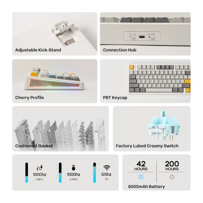 TH80 V2 75% ANSI US Layout Gasket Tri-Mode Wireless Mechanical Gaming Keyboard with 8000mAh Battey & RGB Backlight(Sea Salt Silent V2,White) - color: White, size: Sea Salt Silent V2