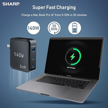 Sharp 140W USB C Charger, Compact Foldable GaN Fast Charge 3-Port (2 USB-C, 1 USB-A), Compact Foldable Wall Charger for MacBook Pro/Air, iPad Pro, iPhone 15/Pro, Galaxy S22/S21, Dell XPS, Black - color: Black