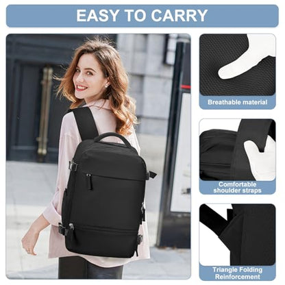 Travel Backpack Simple Durable Carry On Backpack with Shoe Compartment, Personal Item Travel Bag Flight Approved, Water Resistant Laptop Backpack for Women Men Weekender Business, Black - color: Black