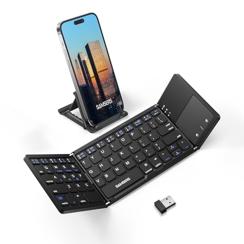 Samsers Foldable Bluetooth Keyboard with Touchpad, Ultra Slim Compact,Black | Multi-touch Trackpad, Full Size, Phone Holder, USB-C Charging, 3 Device, for Android Windows iOS Mac OS, Mobile Productivity - color: Black, size: 3-Device
