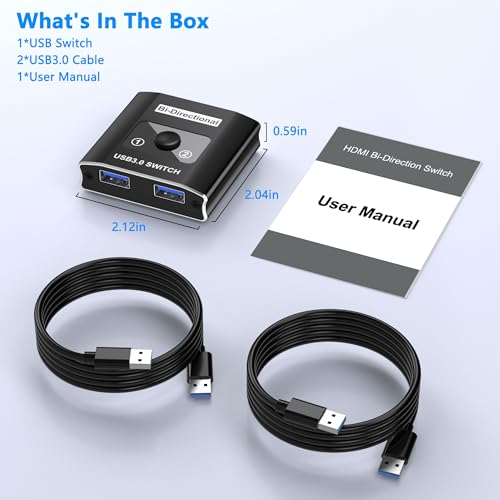 USB 3.0 Switch with 2 USB3.0 Cables, USB Switcher 1 in 2 Out/2 in 1 Out | Bi-Directional Aluminum USB Switcher 2 Computers Share Keyboard Mouse Printer, USB Splitter for Laptop