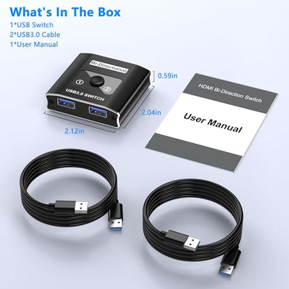 USB 3.0 Switch with 2 USB3.0 Cables, USB Switcher 1 in 2 Out/2 in 1 Out | Bi-Directional Aluminum USB Switcher 2 Computers Share Keyboard Mouse Printer, USB Splitter for Laptop