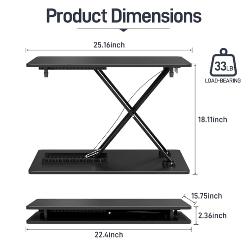 Height Adjustable Standing Desk Converter, 25.16" x 15.75", Black | Ready to Use Desk Riser for Laptop and Monitor, Sit Stand Workstation for Office, Bedroom and Living Room