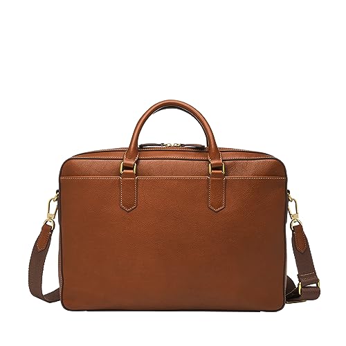 Fossil Men's Haskell or Asher Leather Messenger Briefcase Work Laptop Bag for Men - color: Asher Brown Leather