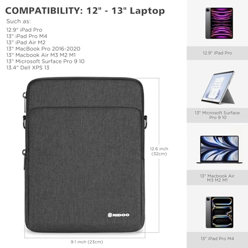 NIDOO 13 inch Laptop Sleeve Case Protective for 12.9" 13" iPad Pro Air /13" MacBook Pro Air M3 M2 / Microsoft Surface Pro 10 9 8/13.3" Galaxy Pro 360/13.4" Dell XPS 13/ HP EliteBook Computer - color: Dark Grey, size: 13 inch