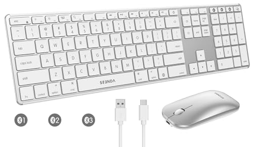 seenda Bluetooth Keyboard and Mouse for Mac, COS500 Multi-Device Rechargeable Keyboard Mouse with Quiet Keys, Full Size Slim Combo Compatible for MacBook Pro/Air, Mac, iPad, iPhone - White Silver